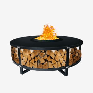 FEBTECH 21.6" Fire Pit with Round Fire Pit Surround Table & Firewood Storage Shelf Outdoor FirePit Table Surround Set for Patio Smokeless FirePit Safe for Wood Deck Dinner Family Gathering