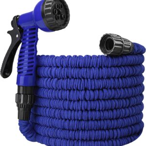 Lightweight Garden Hose 25 FT – Expandable Hose, Collapsible & Retractable Short Garden Hose – Flexible Water Hoses w/ 7 Function Spray Nozzles for Lawn, Yard, Car Wash & Outdoor Use - Blue
